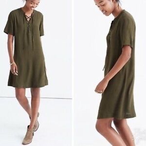 Madewell Novella Lace-Up Dress in Olive Green | XS